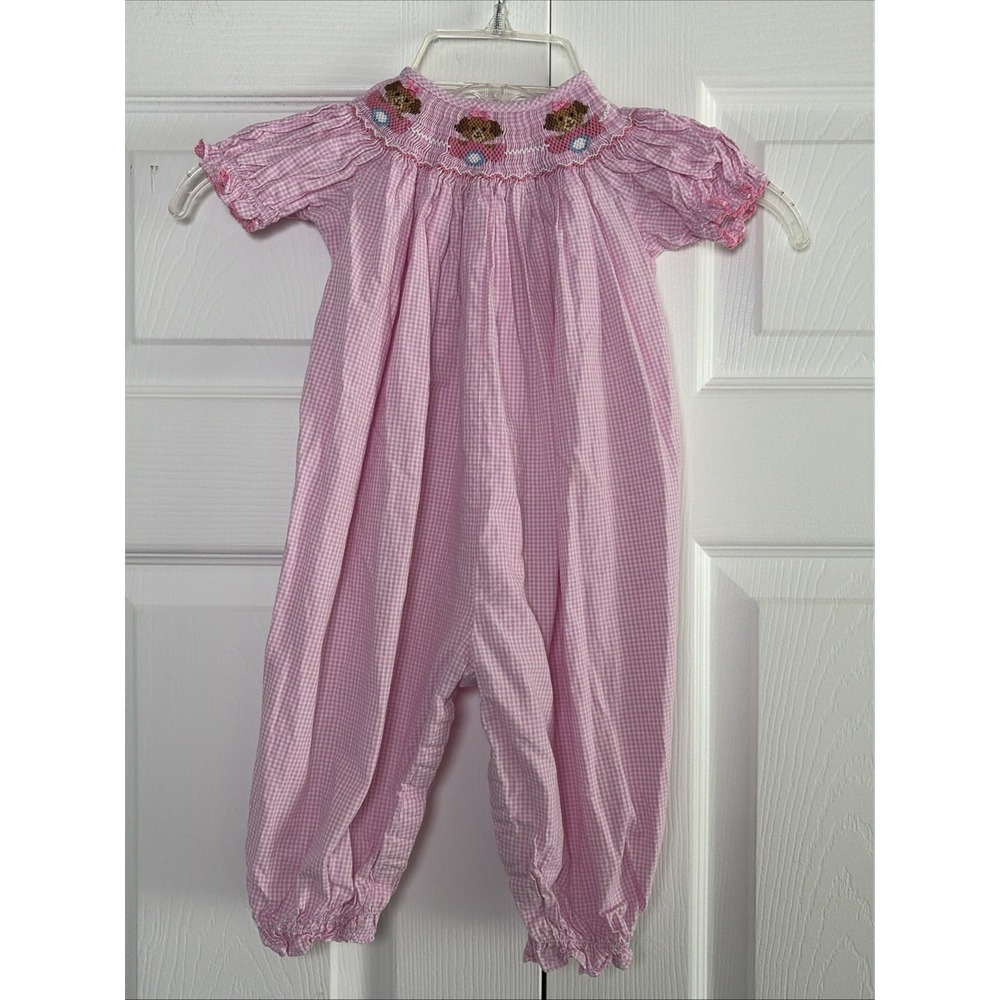 Petit Bebe Smocked Puppy Dog Romper Girls Size 9M Pink Gingham Cotton Blend